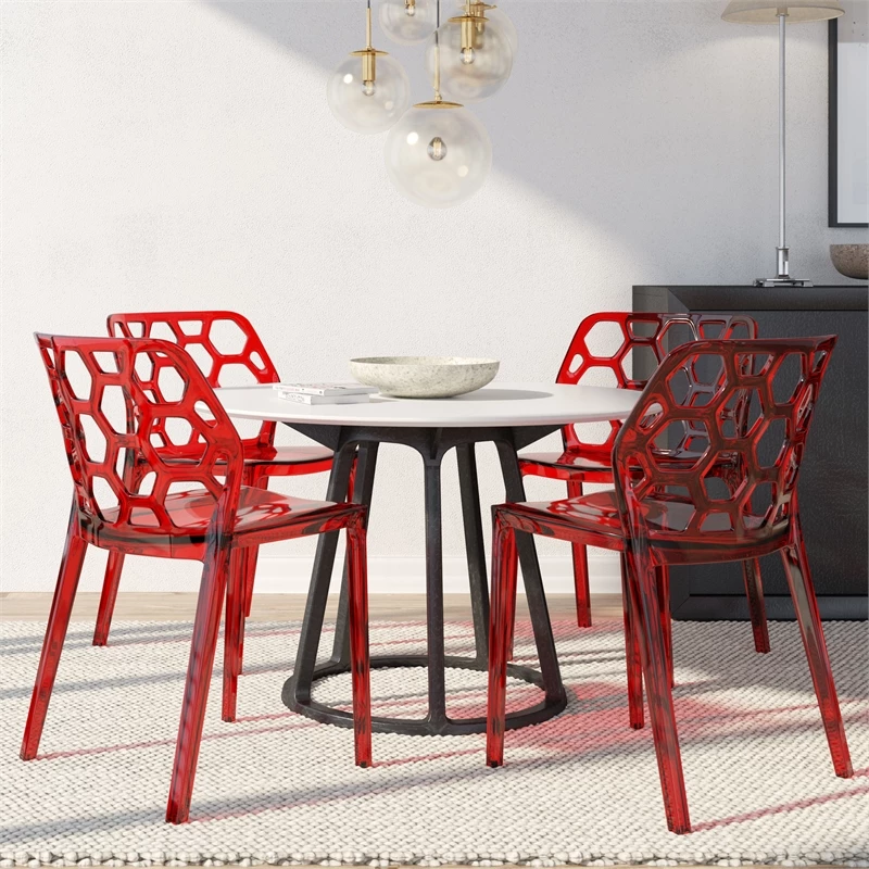 Outlet ✨ LeisureMod Dynamic Plastic Dining Side Chair Honeycomb Design In Red Set Of 4 ❤️ 4 Outlet ✨ LeisureMod Dynamic Plastic Dining Side Chair Honeycomb Design In Red Set Of 4 ❤️ - Image 2