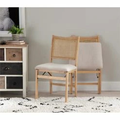 New 👏 Linon Lorna Rattan Cane Wood Folding Dining Side Chair In Beige 😍 -Cheap Office Chairs Store 2104304 13 L