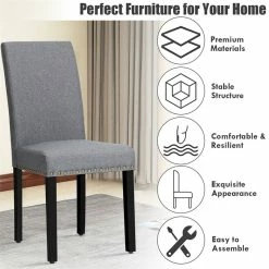 Best Pirce ⭐ Costway Upholstered Fabric Dining Chairs With Nailhead Trim In Gray (Set Of 2) 🎉 -Cheap Office Chairs Store 2326240 9 L