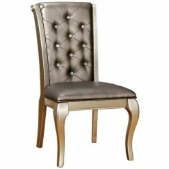 Cheap 😉 Benzara Leatherette Buttoned Side Chair With Cabriole Legs Set Of 2 In Gray & Gold ⭐