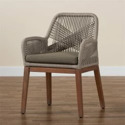 Best Pirce 😀 Baxton Studio Jennifer Gray Woven Rope Mahogany Dining Arm Chair 😍 -Cheap Office Chairs Store 2519764 8 L