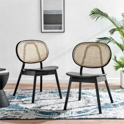 New ⭐ Modway Malina Wood & Rattan Dining Side Chairs In Black/Beige (Set Of 2) 🌟 -Cheap Office Chairs Store 2638033 1 L
