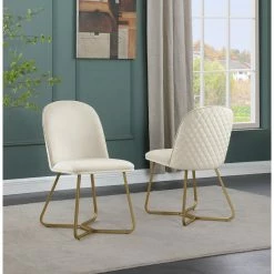 Coupon 😉 Best Quality Furniture Quilted Back Side Chairs Set Of 2 In Cream Velvet And Gold Base 👏 -Cheap Office Chairs Store 2642152 1 L