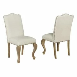 Best Sale 🧨 Maklaine Rustic Oak Wood Dining Chairs Upholstered In Beige Fabric (Set Of 2) 🌟
