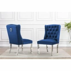 Flash Sale 🎁 Maklaine Tufted Navy Blue Velvet Side Chairs W/ Silver Stainless Steel Legs 😀 -Cheap Office Chairs Store 2643132 1 L