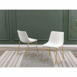 Hot Sale ⭐ Maklaine Double Side Chairs In White Faux Leather W/ Gold Chrome Base (Set Of 2) 👏 -Cheap Office Chairs Store 2643145 1 L