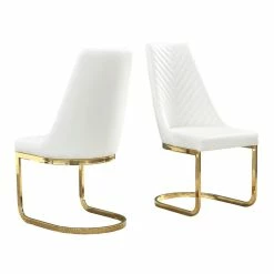 Best Sale ❤️ Maklaine Sleek White Faux Leather Side Chairs With Gold Chrome Base (Set Of 2) 🤩